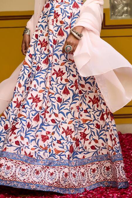 Shop_Baaro Masi_Pink Muslin, Organza Embroidery Asymmetric Floral Print Lehenga Set _Online_at_Aza_Fashions