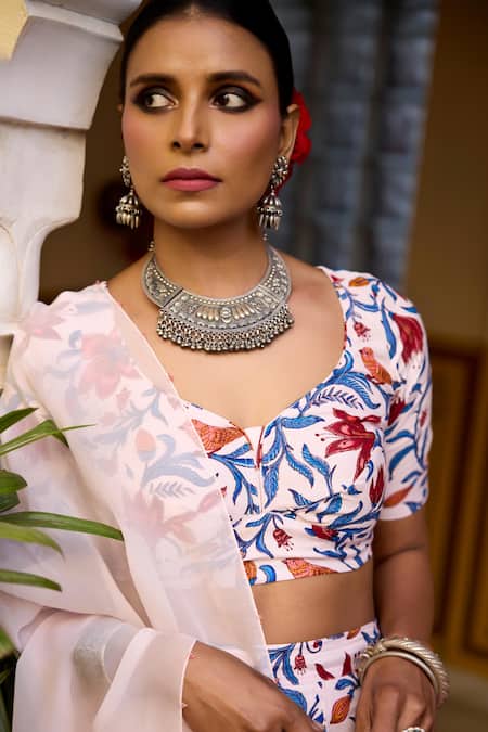 Baaro Masi_Pink Muslin, Organza Embroidery Asymmetric Floral Print Lehenga Set _at_Aza_Fashions