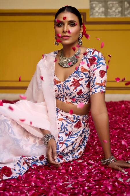 Buy_Baaro Masi_Pink Muslin, Organza Embroidery Asymmetric Floral Print Lehenga Set 