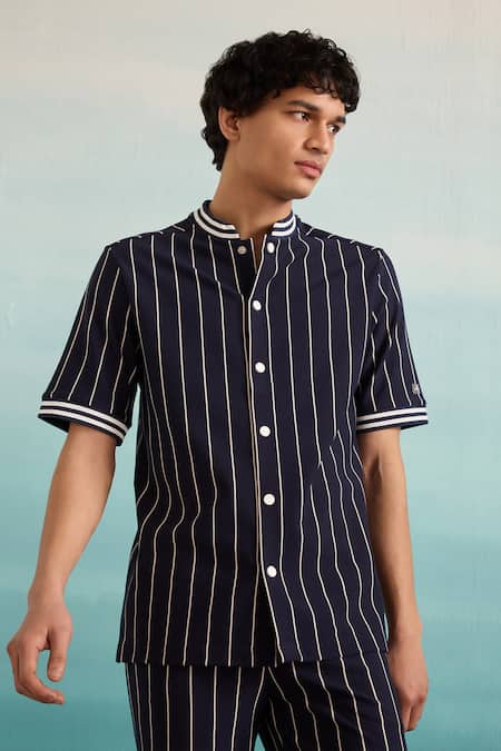 Buy_Muvazo_Blue Cotton Yacht Club Stripe Print Shirt 