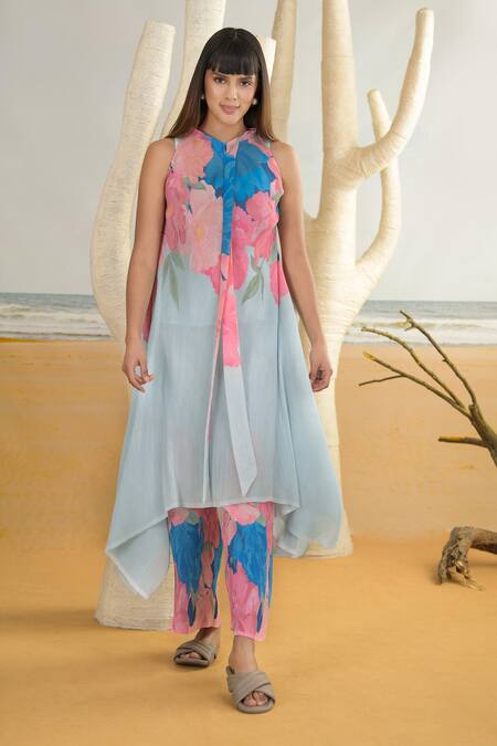 Preeti Mehta Blue Georgette, Viscose, Polyester Flower Print Flared Kurta And Pant Set Online at Aza Fashions Preeti Mehta_Blue Georgette, Viscose, Polyester Flower Print Flared Kurta And Pant Set _Online_at_Aza_Fashions
