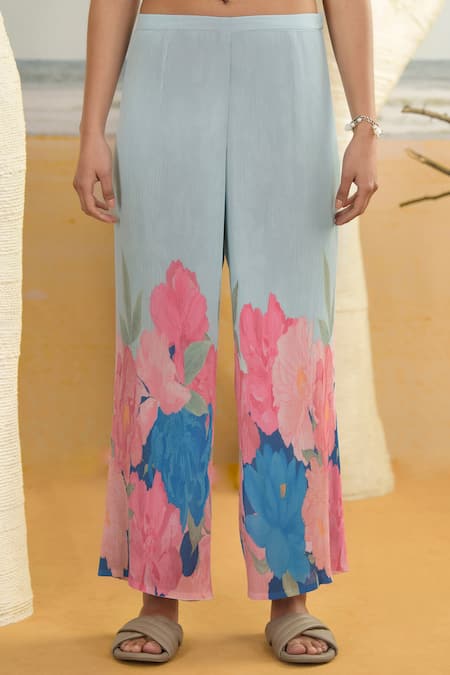 Preeti Mehta Blue Georgette, Viscose, Polyester Flower Print Flared Kurta And Pant Set at Aza Fashions Preeti Mehta_Blue Georgette, Viscose, Polyester Flower Print Flared Kurta And Pant Set _at_Aza_Fashions