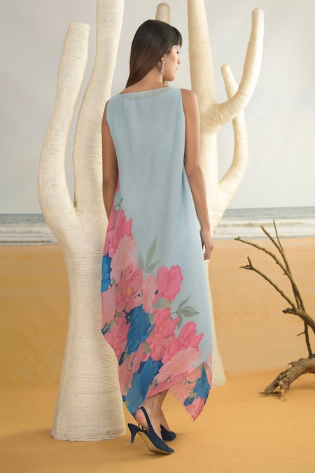 Shop_Preeti Mehta_Blue Georgette, Viscose, Polyester Boat Neck Flower Print Asymmetric Tunic _at_Aza_Fashions