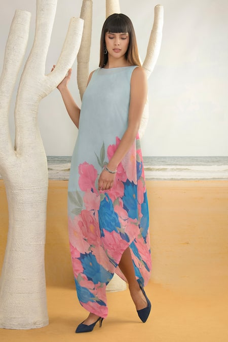 Preeti Mehta_Blue Georgette, Viscose, Polyester Boat Neck Flower Print Asymmetric Tunic _Online_at_Aza_Fashions