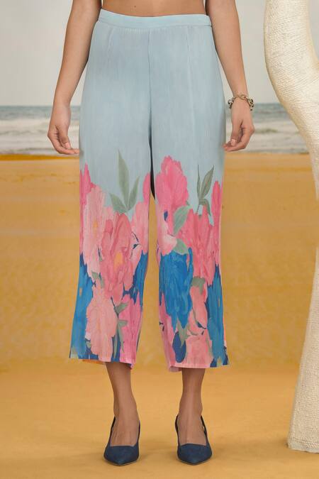 Preeti Mehta Blue Georgette, Polyester Embroidery Flower Print Asymmetric Kurta And Pant Set Online at Aza Fashions Preeti Mehta_Blue Georgette, Polyester Embroidery Flower Print Asymmetric Kurta And Pant Set _Online_at_Aza_Fashions