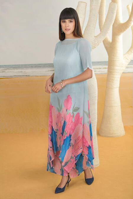 Shop Preeti Mehta Blue Georgette, Polyester Embroidery Flower Print Asymmetric Kurta And Pant Set Online at Aza Fashions Shop_Preeti Mehta_Blue Georgette, Polyester Embroidery Flower Print Asymmetric Kurta And Pant Set _Online_at_Aza_Fashions