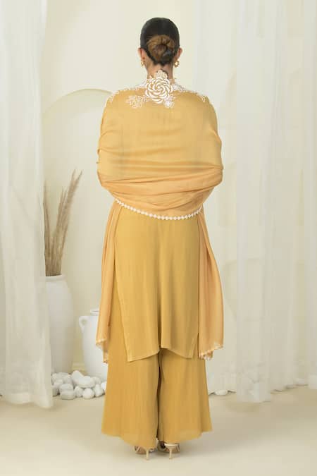 Shop Preeti Mehta Gold Georgette, Organza Pearls, Embroidery Round Neck Kurta Set With Dupatta at Aza Fashions Shop_Preeti Mehta_Gold Georgette, Organza Pearls, Embroidery Round Neck Kurta Set With Dupatta _at_Aza_Fashions