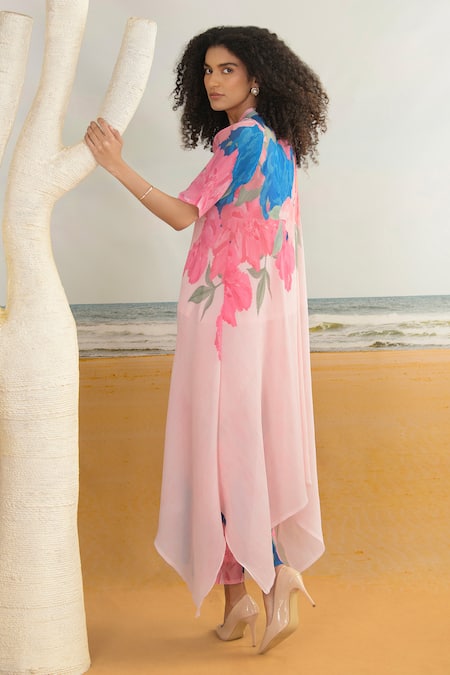 Shop Preeti Mehta Pink Georgette, Polyester, Viscose Floral Print Flared Kurta And Pant Set at Aza Fashions Shop_Preeti Mehta_Pink Georgette, Polyester, Viscose Floral Print Flared Kurta And Pant Set _at_Aza_Fashions