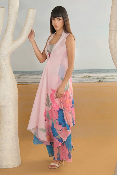 Shop_Preeti Mehta_Pink Georgette, Polyester Stones, Floral Print Draped Kurta And Pant Set _at_Aza_Fashions