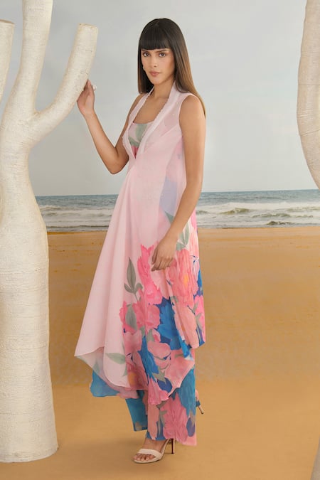 Preeti Mehta_Pink Georgette, Polyester Stones, Floral Print Draped Kurta And Pant Set _Online_at_Aza_Fashions