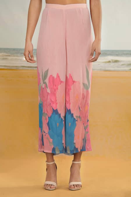 Preeti Mehta_Pink Georgette, Polyester Stones, Floral Print Draped Kurta And Pant Set _at_Aza_Fashions