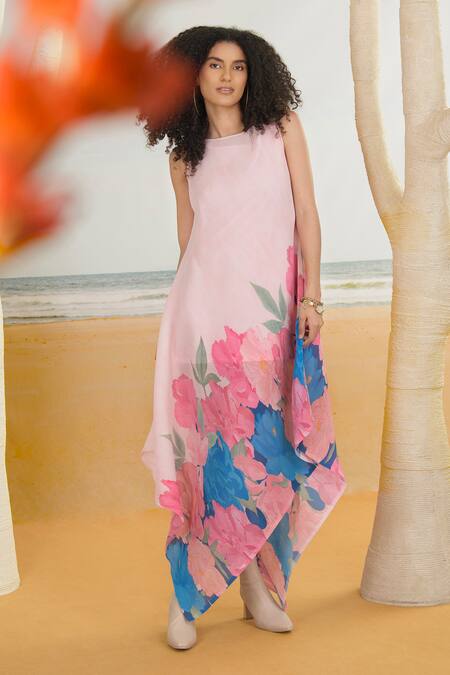 Preeti Mehta Pink Georgette, Polyester Embroidery Boat Neck Floral Print Asymmetric Tunic Online at Aza Fashions Preeti Mehta_Pink Georgette, Polyester Embroidery Boat Neck Floral Print Asymmetric Tunic _Online_at_Aza_Fashions