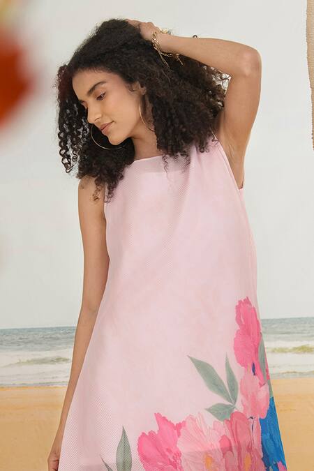 Buy Preeti Mehta Pink Georgette, Polyester Embroidery Boat Neck Floral Print Asymmetric Tunic Online at Aza Fashions Buy_Preeti Mehta_Pink Georgette, Polyester Embroidery Boat Neck Floral Print Asymmetric Tunic _Online_at_Aza_Fashions