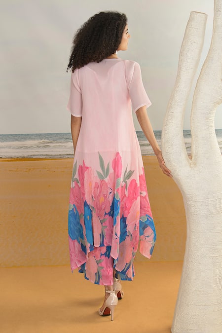 Preeti Mehta Pink Georgette, Viscose, Polyester Floral Print Asymmetric Kurta And Pant Set Online at Aza Fashions Preeti Mehta_Pink Georgette, Viscose, Polyester Floral Print Asymmetric Kurta And Pant Set _Online_at_Aza_Fashions
