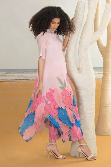 Shop Preeti Mehta Pink Georgette, Viscose, Polyester Floral Print Asymmetric Kurta And Pant Set Online at Aza Fashions Shop_Preeti Mehta_Pink Georgette, Viscose, Polyester Floral Print Asymmetric Kurta And Pant Set _Online_at_Aza_Fashions
