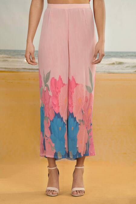 Preeti Mehta_Pink Georgette, Polyester Bandeau Neck Floral Print Kurta Set With Wide Leg Pant _Online_at_Aza_Fashions