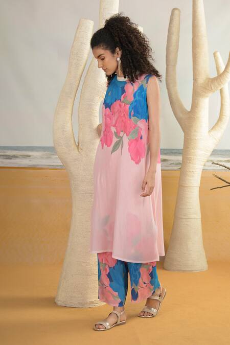Shop_Preeti Mehta_Pink Georgette, Polyester Bandeau Neck Floral Print Kurta Set With Wide Leg Pant _Online_at_Aza_Fashions