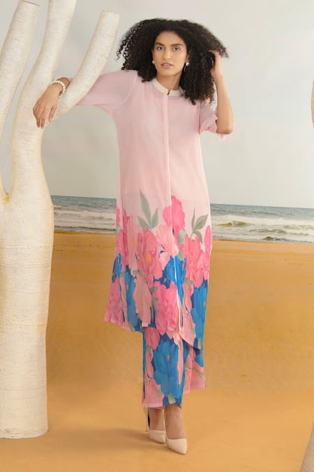 Buy Preeti Mehta Pink Georgette, Polyester, Viscose Embroidery Floral Print Kurta With Pant Online at Aza Fashions Buy_Preeti Mehta_Pink Georgette, Polyester, Viscose Embroidery Floral Print Kurta With Pant _Online_at_Aza_Fashions