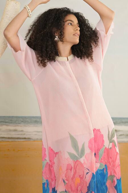 Shop Preeti Mehta Pink Georgette, Polyester, Viscose Embroidery Floral Print Kurta With Pant Online at Aza Fashions Shop_Preeti Mehta_Pink Georgette, Polyester, Viscose Embroidery Floral Print Kurta With Pant _Online_at_Aza_Fashions