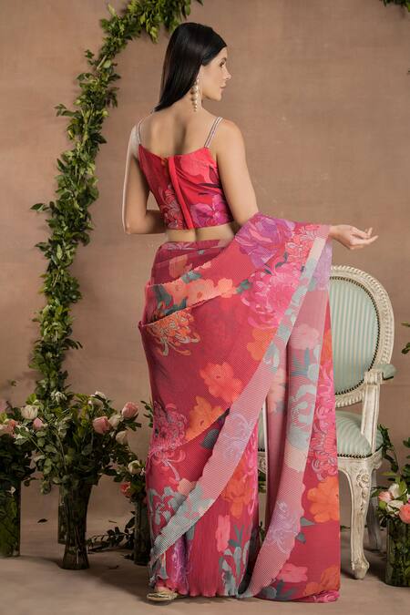 Shop Preeti Mehta Orange Georgette, Polyester Pleated Pre-draped Printed Saree With Blouse at Aza Fashions Shop_Preeti Mehta_Orange Georgette, Polyester Pleated Pre-draped Printed Saree With Blouse_at_Aza_Fashions