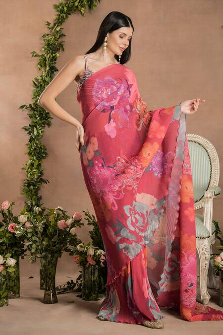 Buy Preeti Mehta Orange Georgette, Polyester Pleated Pre-draped Printed Saree With Blouse Buy_Preeti Mehta_Orange Georgette, Polyester Pleated Pre-draped Printed Saree With Blouse