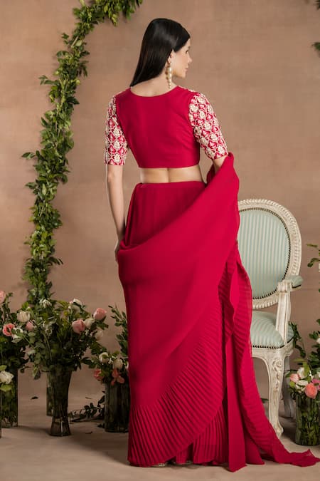 Shop_Preeti Mehta_Red Georgette, Polyester Pleated Pre-draped Saree With Collar Blouse _at_Aza_Fashions