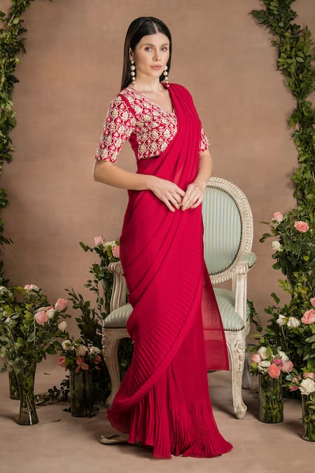 Buy_Preeti Mehta_Red Georgette, Polyester Pleated Pre-draped Saree With Collar Blouse _Online_at_Aza_Fashions