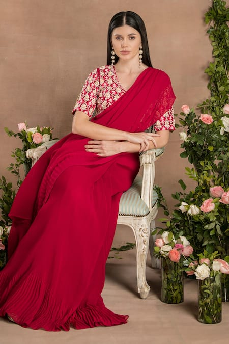 Shop_Preeti Mehta_Red Georgette, Polyester Pleated Pre-draped Saree With Collar Blouse _Online_at_Aza_Fashions