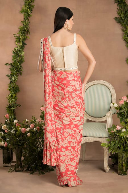 Shop Preeti Mehta Peach Viscose Mirrors Scoop Neck Printed Pre-draped Saree With Work Blouse at Aza Fashions Shop_Preeti Mehta_Peach Viscose Mirrors Scoop Neck Printed Pre-draped Saree With Work Blouse _at_Aza_Fashions