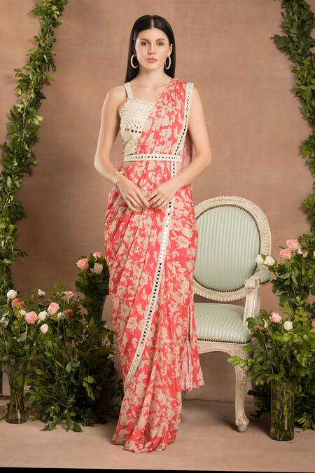 Shop Preeti Mehta Peach Viscose Mirrors Scoop Neck Printed Pre-draped Saree With Work Blouse Shop_Preeti Mehta_Peach Viscose Mirrors Scoop Neck Printed Pre-draped Saree With Work Blouse