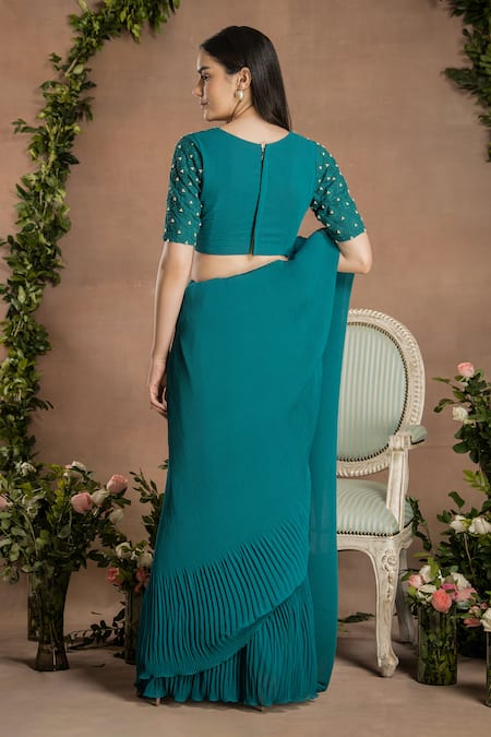 Shop_Preeti Mehta_Green Georgette, Viscose Pearls, Pleated Pre-draped Saree With Blouse _at_Aza_Fashions