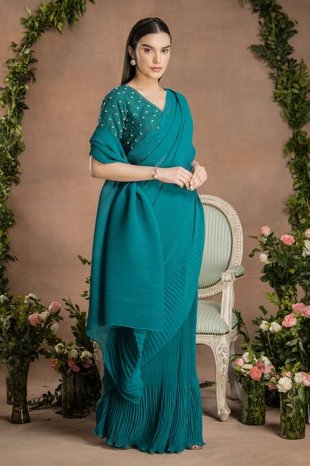 Shop_Preeti Mehta_Green Georgette, Viscose Pearls, Pleated Pre-draped Saree With Blouse _Online_at_Aza_Fashions