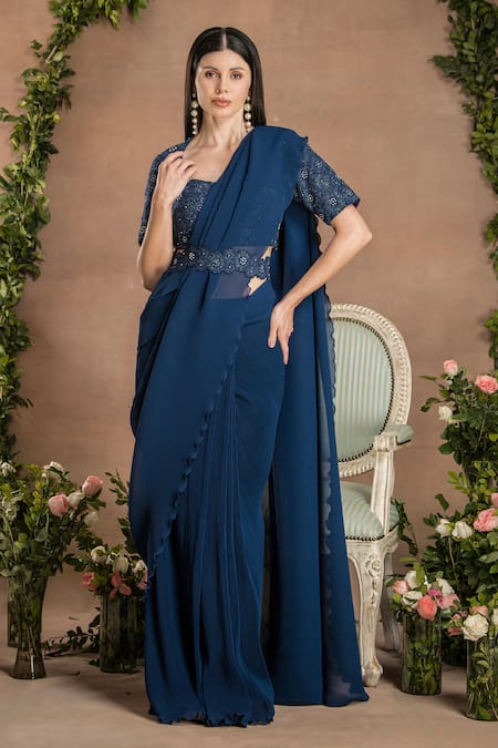 PREETI MEHTA Blue Georgette Viscose 60% And 40% Pleated Pre-draped Saree With Pattern Blouse 