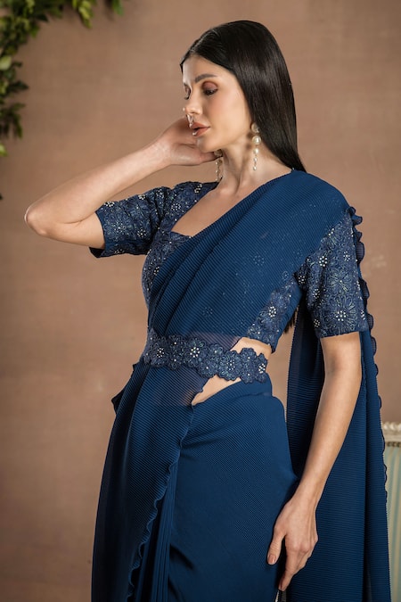 Shop Preeti Mehta Blue Georgette, Polyester Pleated Pre-draped Saree With Floral Pattern Blouse Online at Aza Fashions Shop_Preeti Mehta_Blue Georgette, Polyester Pleated Pre-draped Saree With Floral Pattern Blouse _Online_at_Aza_Fashions