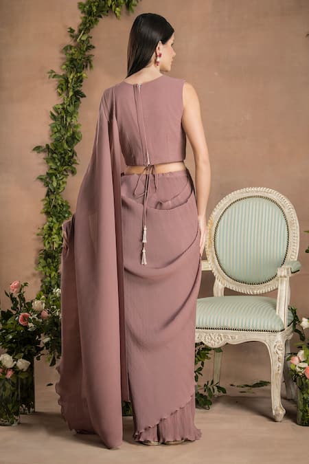 Shop_Preeti Mehta_Purple Georgette, Viscose, Polyester Pleated Pre-draped Saree With 3d Blouse _at_Aza_Fashions