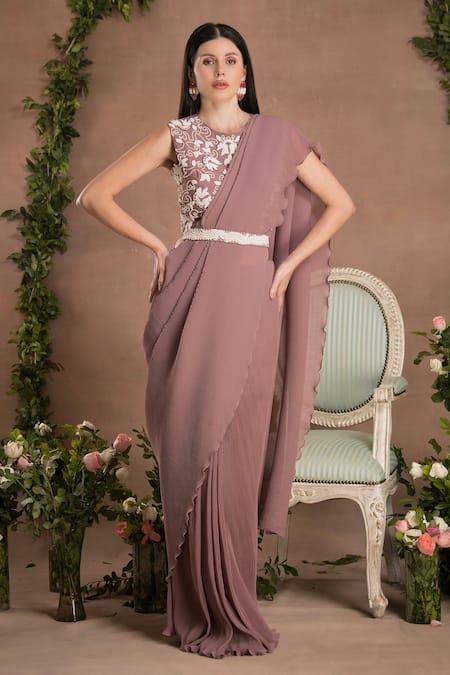 Preeti Mehta_Purple Georgette, Viscose, Polyester Pleated Pre-draped Saree With 3d Blouse _Online_at_Aza_Fashions