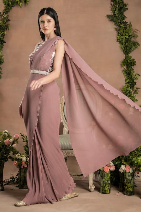 Shop_Preeti Mehta_Purple Georgette, Viscose, Polyester Pleated Pre-draped Saree With 3d Blouse _Online_at_Aza_Fashions