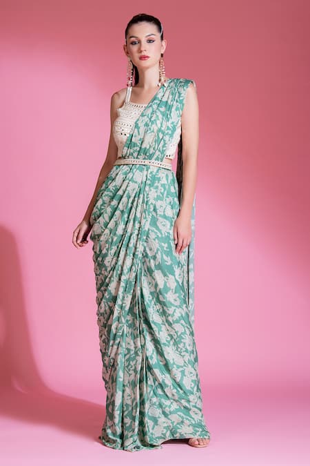 PREETI MEHTA Printed Pre-Draped Saree With Mirror Work Blouse 