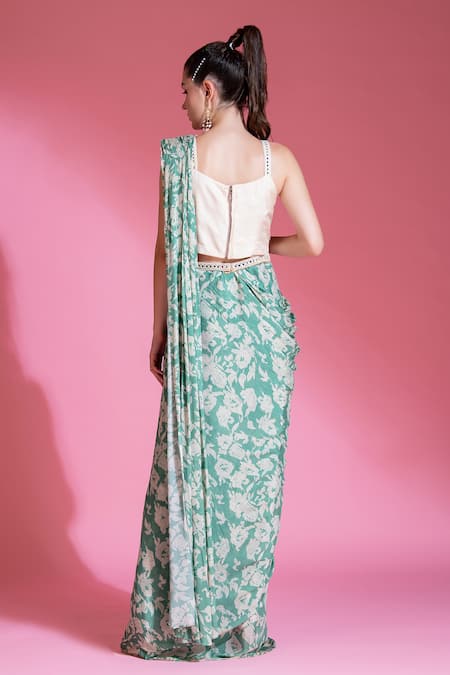 Preeti Mehta_Green Viscose Mirrors Scoop Neck Printed Pre-draped Saree With Work Blouse _Online_at_Aza_Fashions