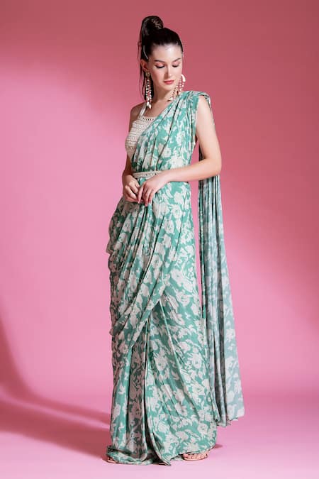 Buy_Preeti Mehta_Green Viscose Mirrors Scoop Neck Printed Pre-draped Saree With Work Blouse _Online_at_Aza_Fashions