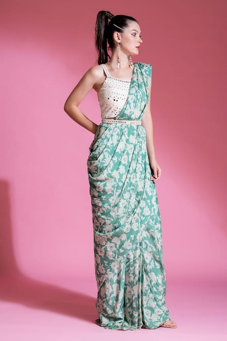 Shop_Preeti Mehta_Green Viscose Mirrors Scoop Neck Printed Pre-draped Saree With Work Blouse _Online_at_Aza_Fashions
