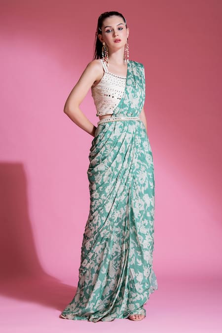 Preeti Mehta_Green Viscose Mirrors Scoop Neck Printed Pre-draped Saree With Work Blouse _at_Aza_Fashions