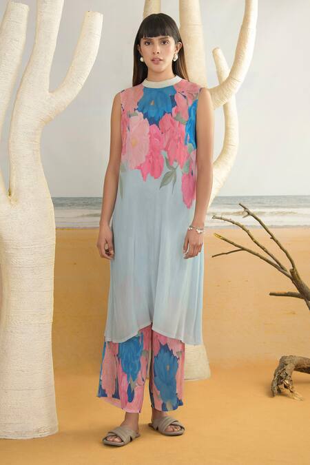 Buy Preeti Mehta Blue Georgette, Polyester, Viscose Flower Print Straight Kurta And Pant Set Online at Aza Fashions Buy_Preeti Mehta_Blue Georgette, Polyester, Viscose Flower Print Straight Kurta And Pant Set _Online_at_Aza_Fashions