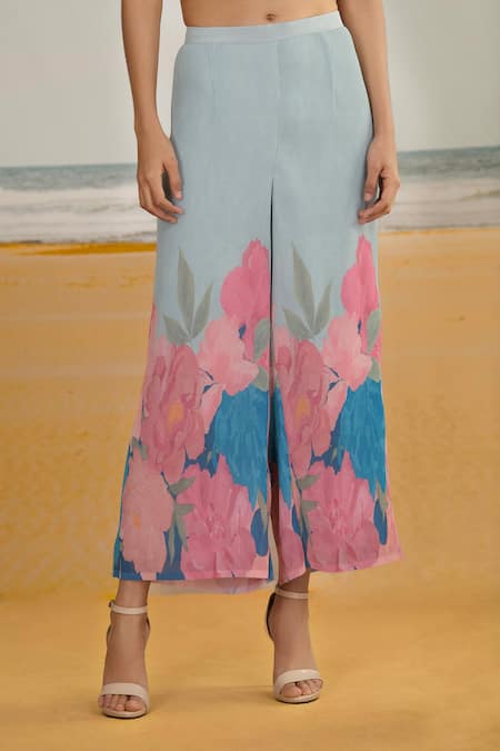 Preeti Mehta Blue Georgette, Viscose, Polyester Embroidery Flower Print Kurta With Pant Online at Aza Fashions Preeti Mehta_Blue Georgette, Viscose, Polyester Embroidery Flower Print Kurta With Pant _Online_at_Aza_Fashions