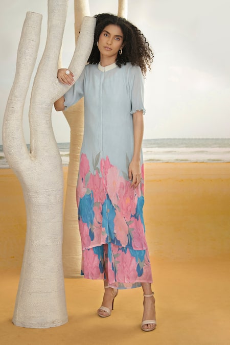 Buy Preeti Mehta Blue Georgette, Viscose, Polyester Embroidery Flower Print Kurta With Pant Online at Aza Fashions Buy_Preeti Mehta_Blue Georgette, Viscose, Polyester Embroidery Flower Print Kurta With Pant _Online_at_Aza_Fashions