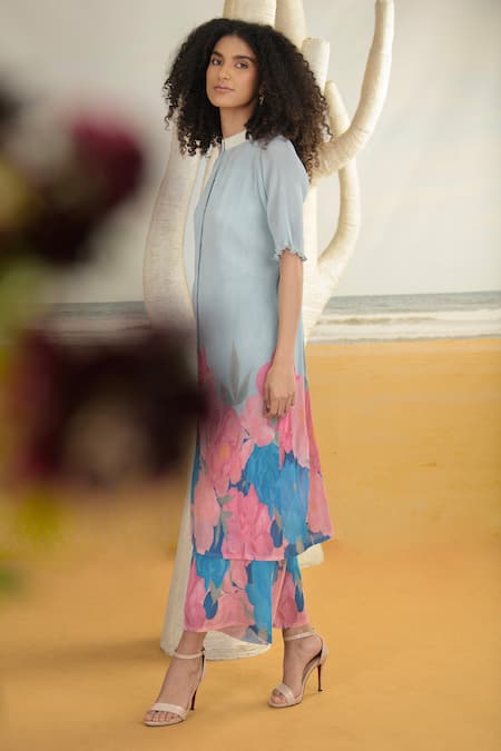 Preeti Mehta Blue Georgette, Viscose, Polyester Embroidery Flower Print Kurta With Pant at Aza Fashions Preeti Mehta_Blue Georgette, Viscose, Polyester Embroidery Flower Print Kurta With Pant _at_Aza_Fashions