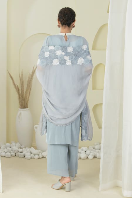 Shop_Preeti Mehta_Grey Georgette, Organza Pearls, Embroidery Collared Kurta Set With Dupatta _at_Aza_Fashions