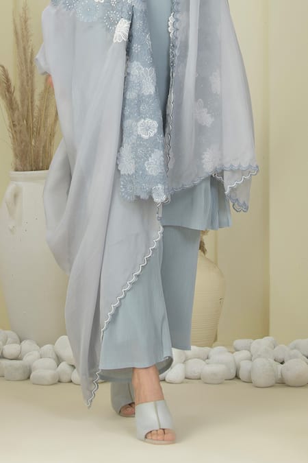 Buy_Preeti Mehta_Grey Georgette, Organza Pearls, Embroidery Collared Kurta Set With Dupatta _Online_at_Aza_Fashions