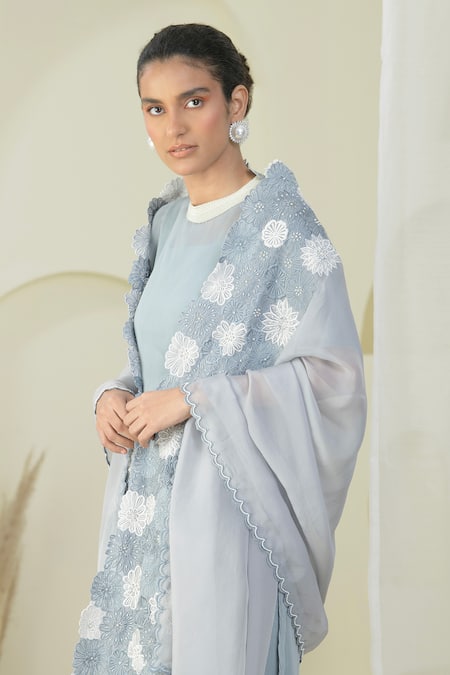 Shop_Preeti Mehta_Grey Georgette, Organza Pearls, Embroidery Collared Kurta Set With Dupatta _Online_at_Aza_Fashions