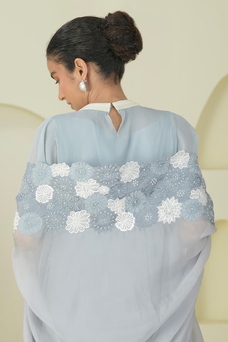 Preeti Mehta_Grey Georgette, Organza Pearls, Embroidery Collared Kurta Set With Dupatta _at_Aza_Fashions